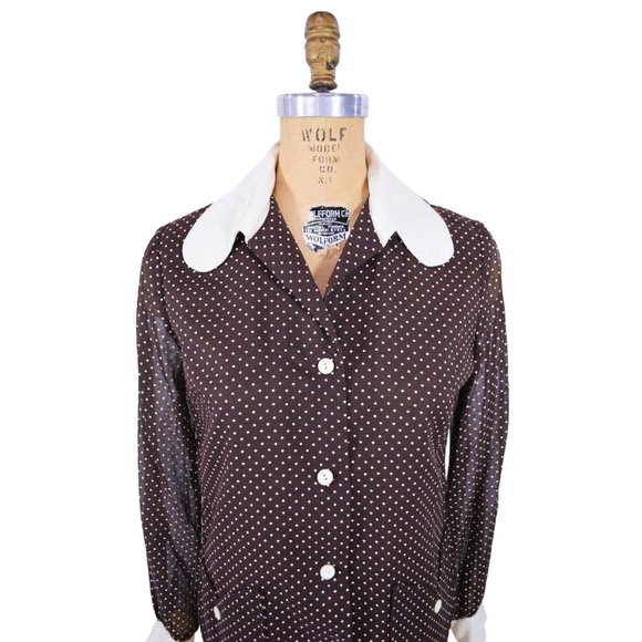 Vintage 1960s Brown Polka Dot Top Sheer Sleeve Blouse | B 39" - Picture 3 of 5